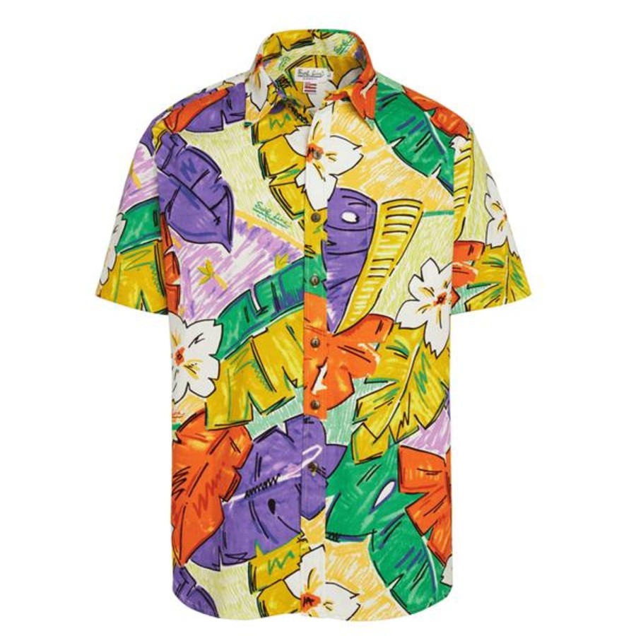 Men Jams World Cotton Shirts | Men'S Surf Line Hawaii Cotton Modern Fit Shirt - Tiki Leaf Purple