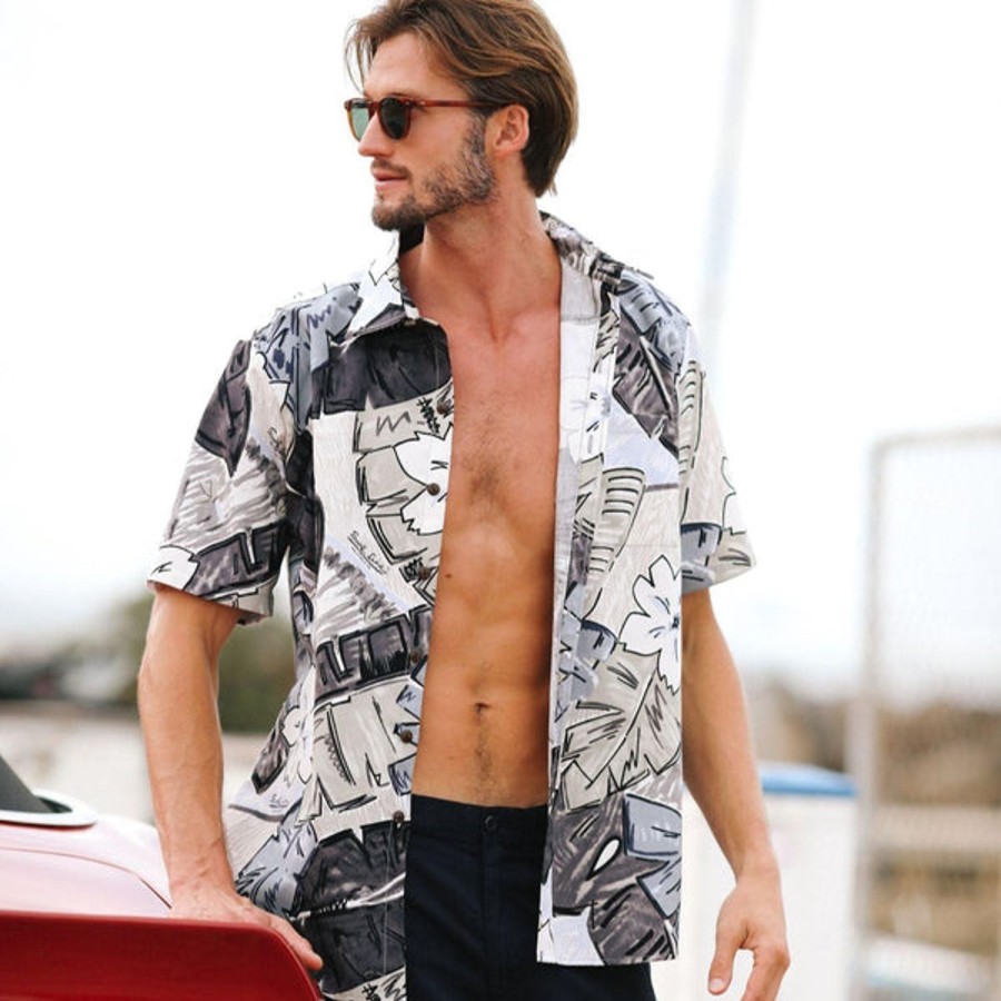 Men Jams World Cotton Shirts | Men'S Surf Line Hawaii Cotton Modern Fit Shirt - Tiki Leaf Gray