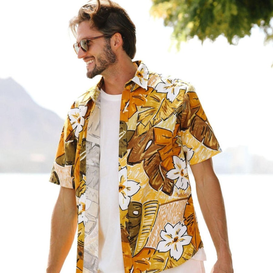 Men Jams World Cotton Shirts | Men'S Surf Line Hawaii Cotton Modern Fit Shirt - Tiki Leaf Brown