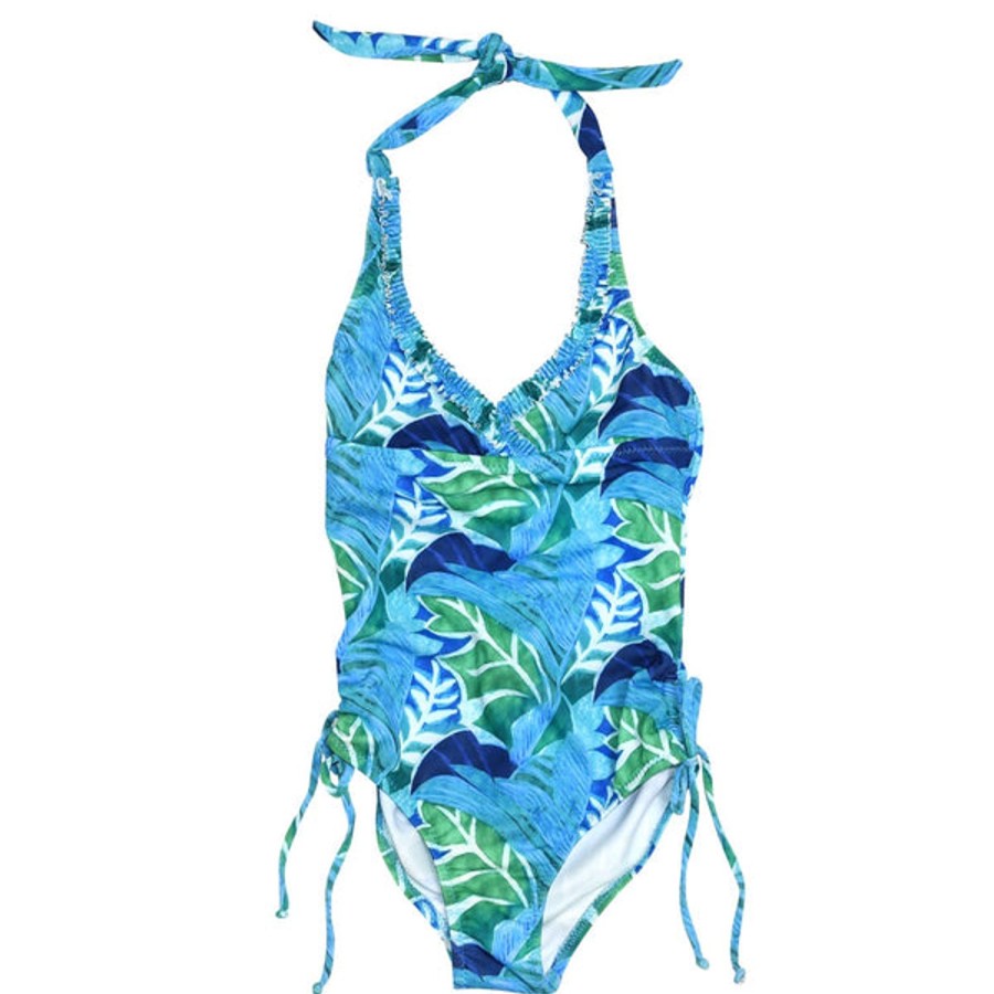 Women Jams World Swimsuits | Little Girls' Ruffle Halter One Piece Swimsuit - Blue Jay